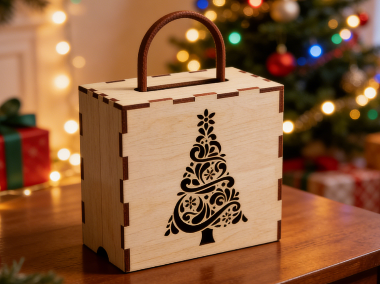 Weihnachts geschenk box aus Holz mit Lasers ch neiden