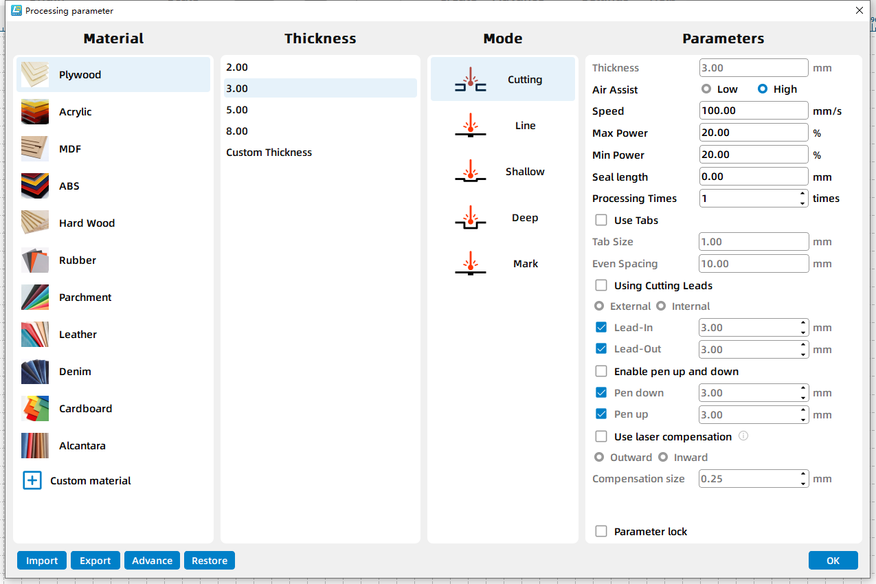 Eine Parameter bibliothek in Thunder Laser maker