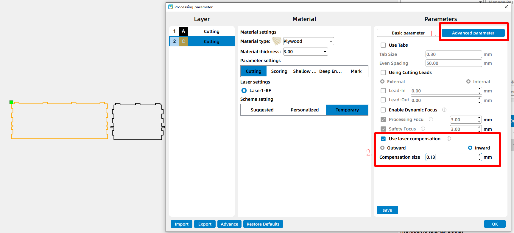 Set Laser Offset Richtung und Wert in Laser Maker