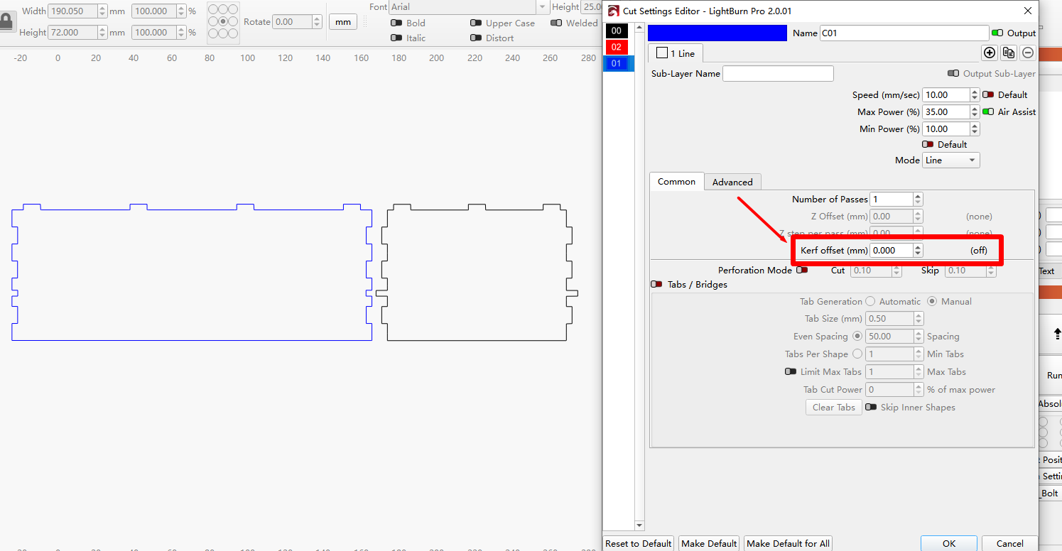 Finden Sie die Kerf-Offset-Einstellung in LightBurn-Layer-Parametern